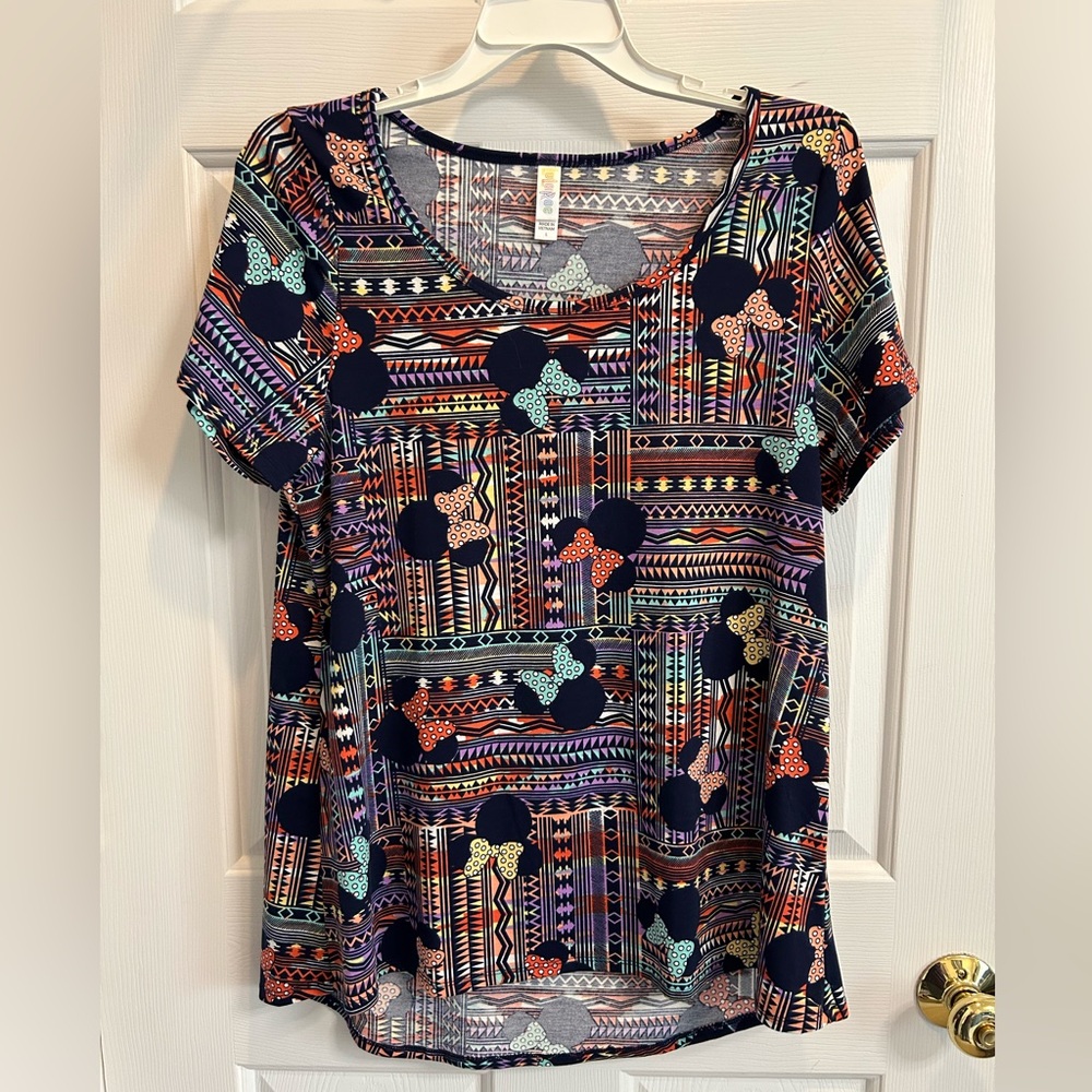 LuLaRoe Minnie Mouse Geometric Print Hi-Low Hem Short Sleeve Tunic - M - EUC